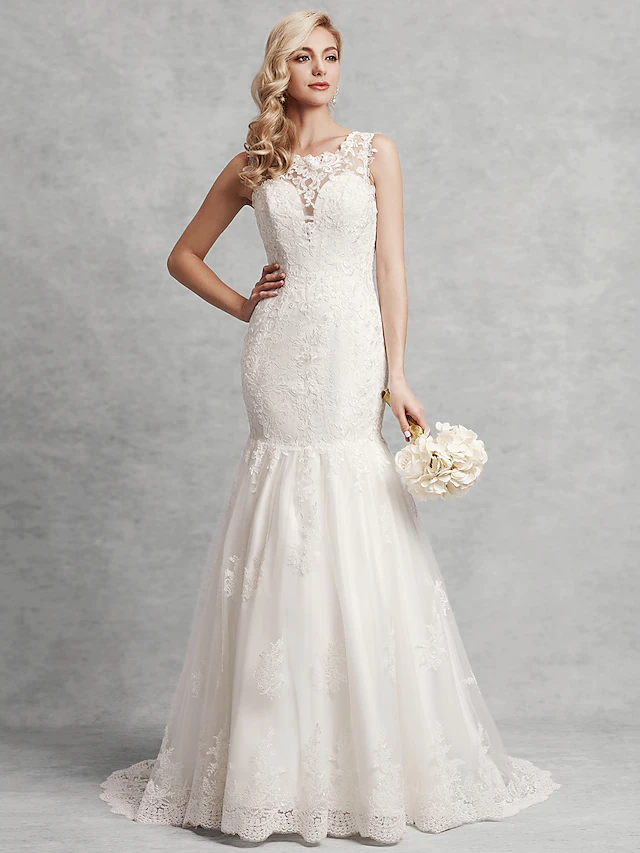 Luolandi Wedding Dresses Scoop Neck Court Train Lace Satin Tulle Regular Straps Beautiful Back with Lace